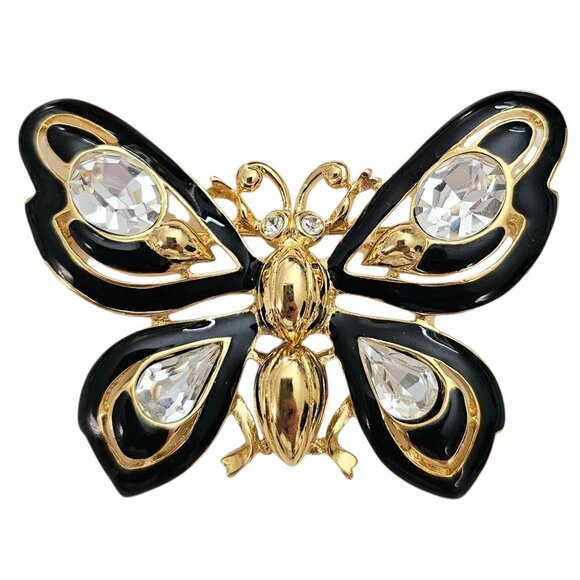 Trifari TM Butterfly Brooch Vintage Clear Crystal Rhinestone Black Enamel Pin - Picture 2 of 9